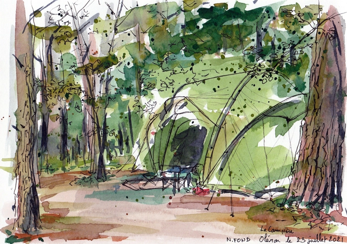 Aquarelle d'une tente de camping dans la forêt