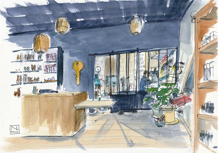 Aquarelle de l'intérieur d'une cordonnerie