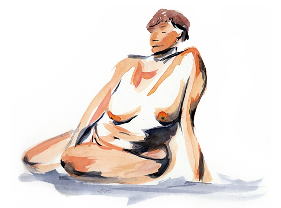 ne aquarelle terminée montrant une femme nue avec une pose assise