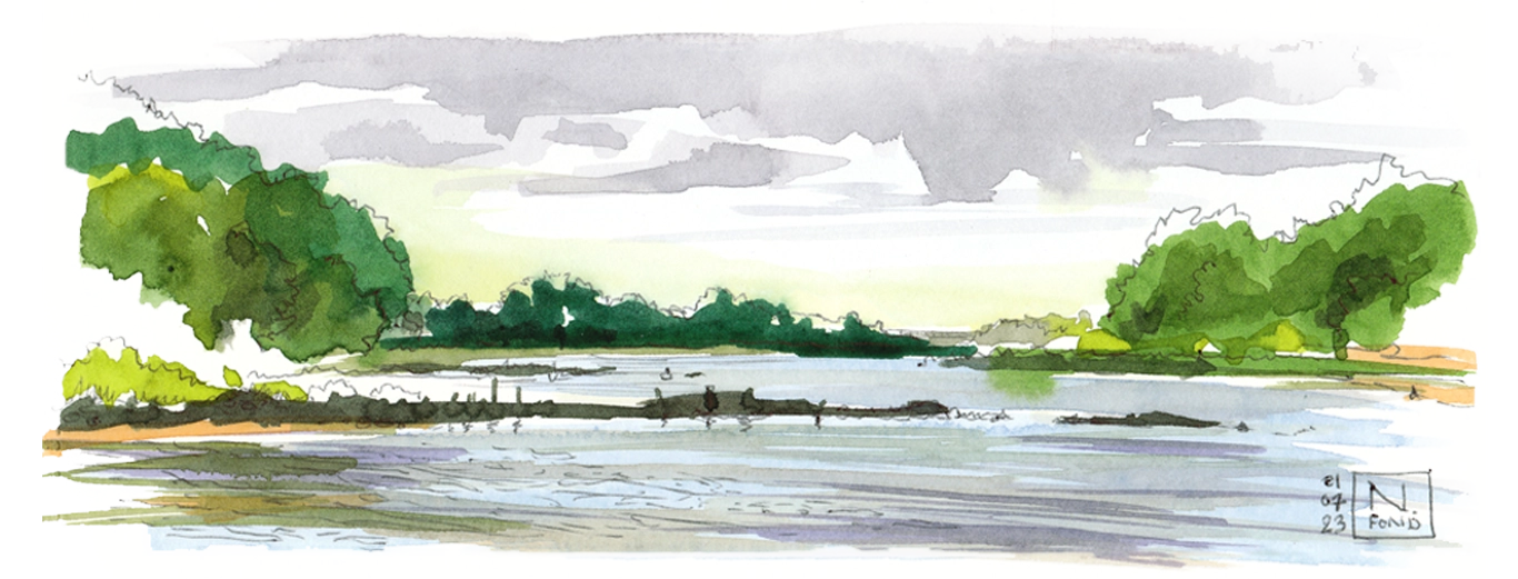 Aquarelle d'un paysage de bord de Loire avec arbres et ciel nuageux