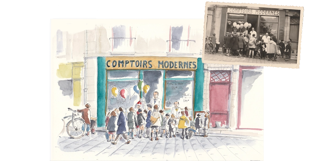 Devanture des Comptoirs modernes avec aquarelle et photo d'époque